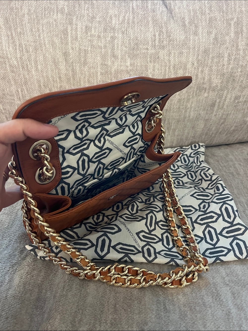 Rebecca Minkoff Quilted Mini Crossbody Bag in Cognac Brown with Gold Hardware - Picture 4 of 4